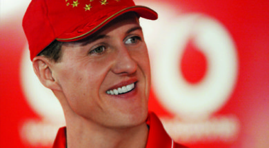 Michael Schumacher of Germany and Ferrari enjoys a joke